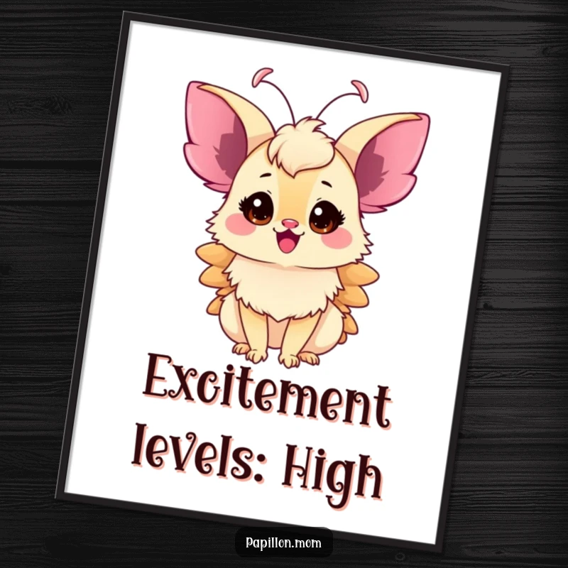 Funny Papillon Lady Poster, delicate antennae twitching with anticipation and joy, a whimsical and humorous piece of wall art.