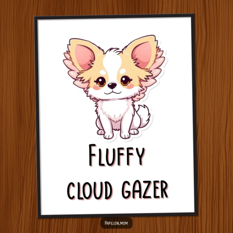 Funny Papillon dog poster featuring a cute character with large, graceful wings softly flapping, adding a touch of ethereal beauty to any room.