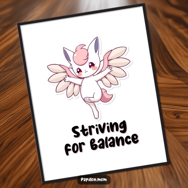 Funny poster of a character in a graceful balancing pose on one paw with wings spread wide, embodying poise and achievement.