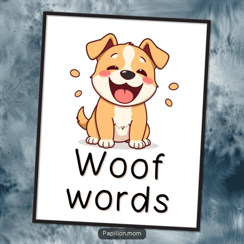 Funny barking dog poster art, featuring a happy dog with playful sound ovals, adding cheerful decor.