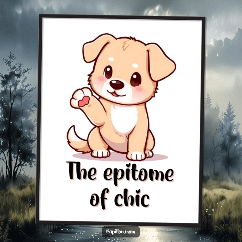 Funny poster illustrating a dog in a delicate pose, one paw elegantly extended, bringing sophistication and humor to any wall.