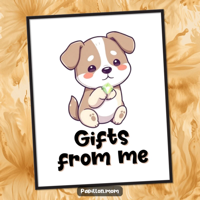 Funny generous dog poster, artwork of a dog gently offering a shiny gem, symbolizing kindness and preciousness.
