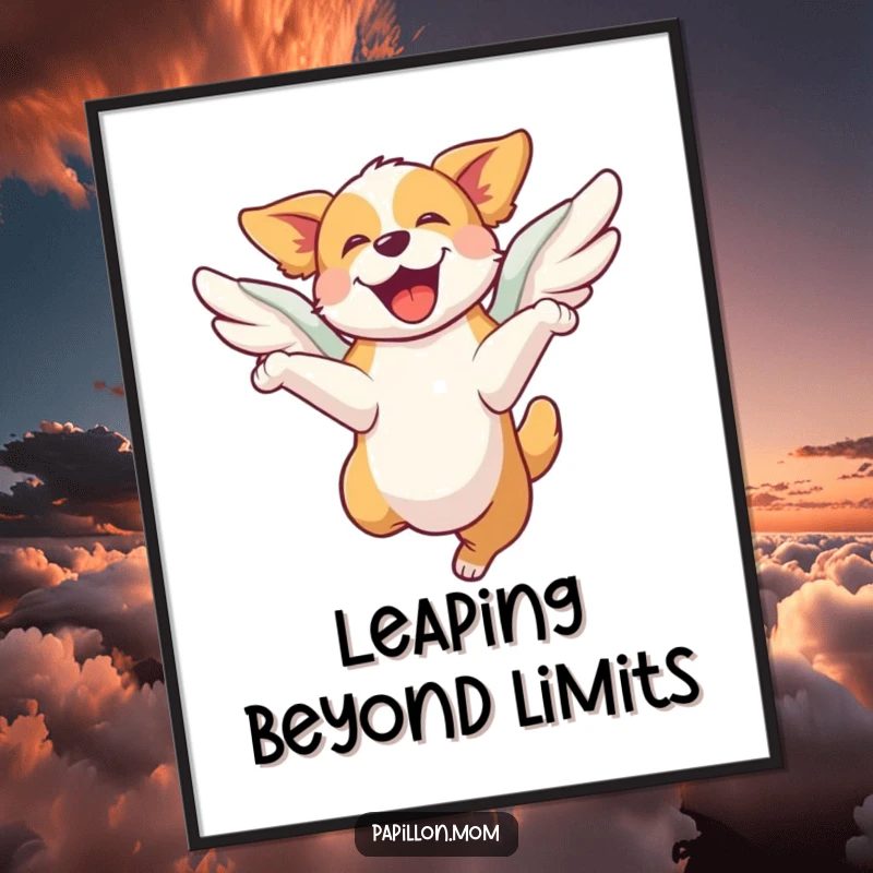 Funny poster illustrating a dog leaping with pure joy, its wings providing an extra boost, capturing a moment of unbridled elation.