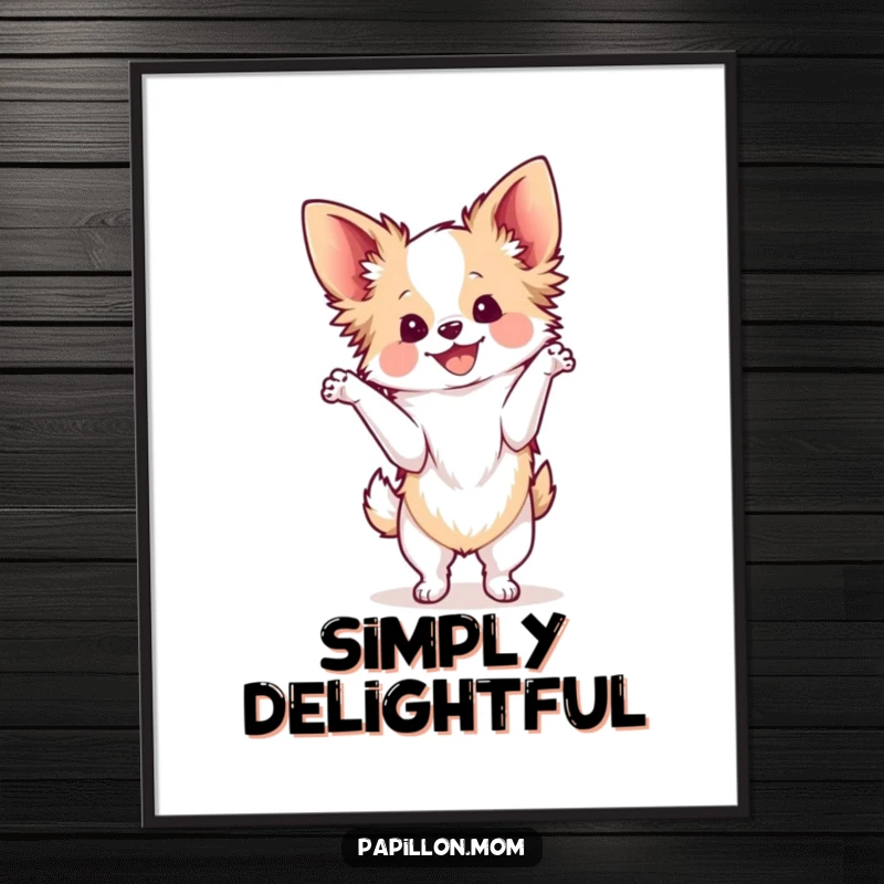 Funny Kawaii Papillon dog poster, featuring a cute French butterfly dog in an elegant pose, radiating pure, infectious delight and charm.