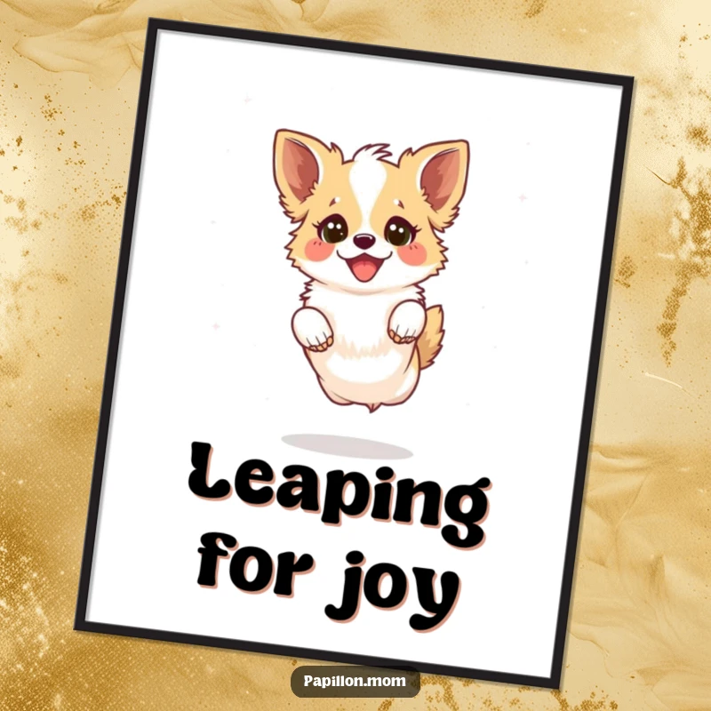 Funny Kawaii Papillon Dog Poster featuring a Papillon dog leaping playfully with a joyful sparkle in its eyes, dynamic wall art.
