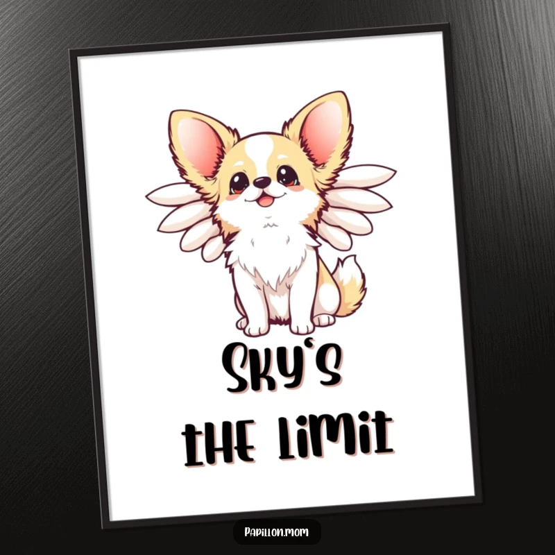 Funny Kawaii Papillon Dog Poster with elegant wings flared, looking up happily, creating cheerful and enchanting wall art.