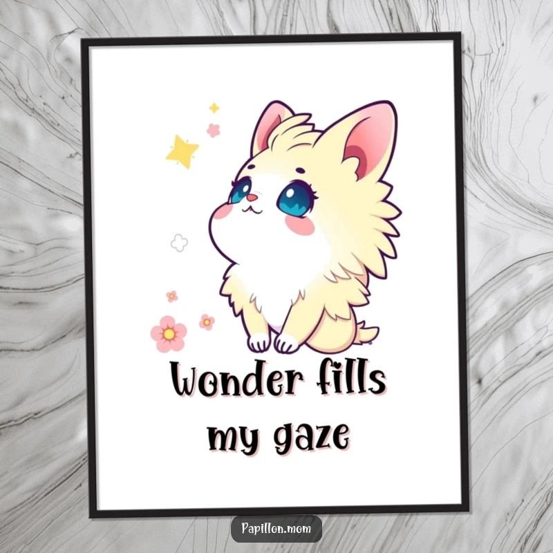 Funny Kawaii Papillon poster displaying a cute lady looking up at the sky with eyes full of wonder and enchanting beauty.