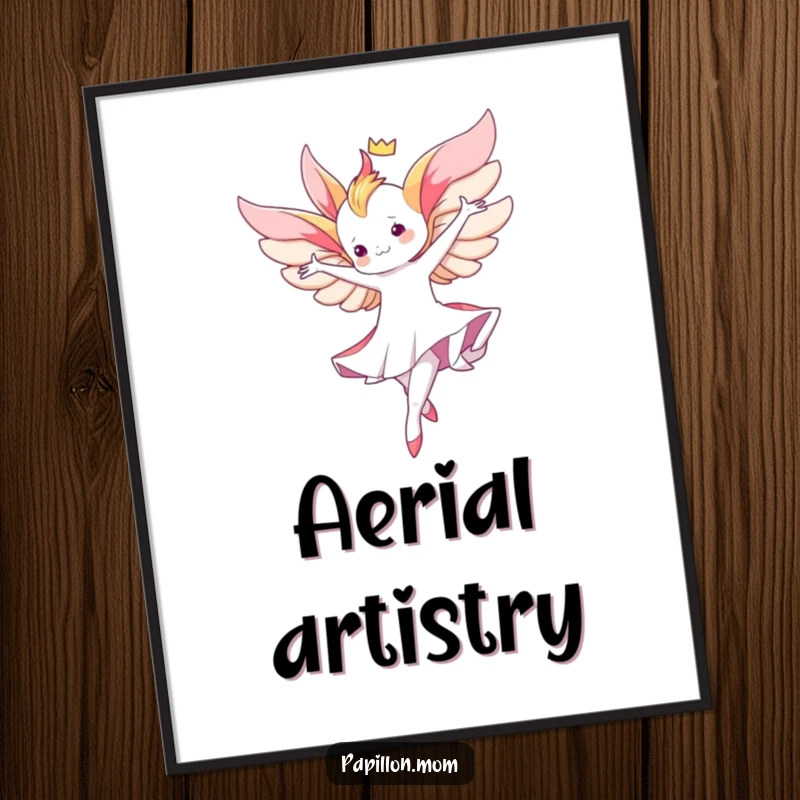 Funny Kawaii Papillon poster displaying a cute lady performing a graceful aerial twirl, capturing elegance and fluid artistry.