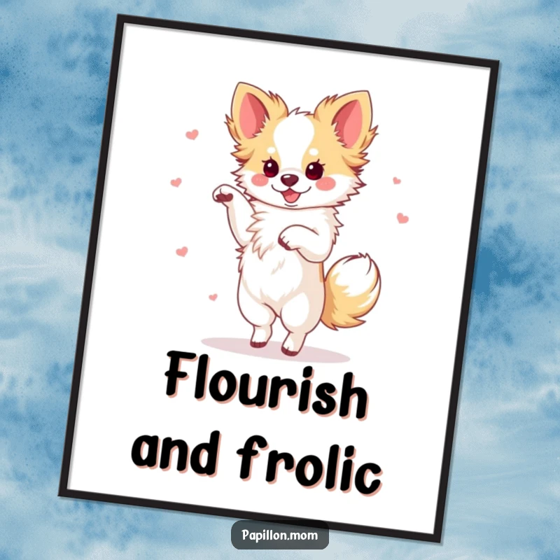 Funny Papillon dog performing a dynamic dance with a flourish, captured as sophisticated and humorous wall art.