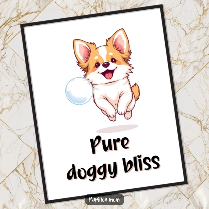 Funny poster of a smiling Papillon dog chasing a bubble, ideal for adding playful and happy decor.