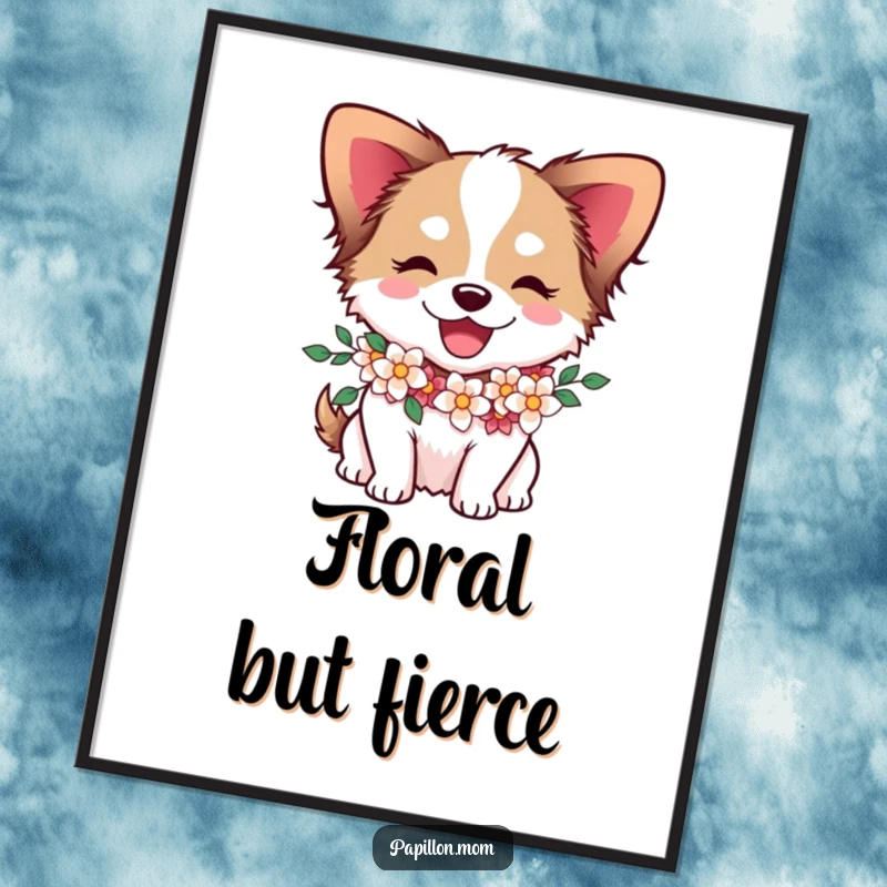 Funny Papillon dog character with a flower garland around its neck, radiating joy on a decorative poster.
