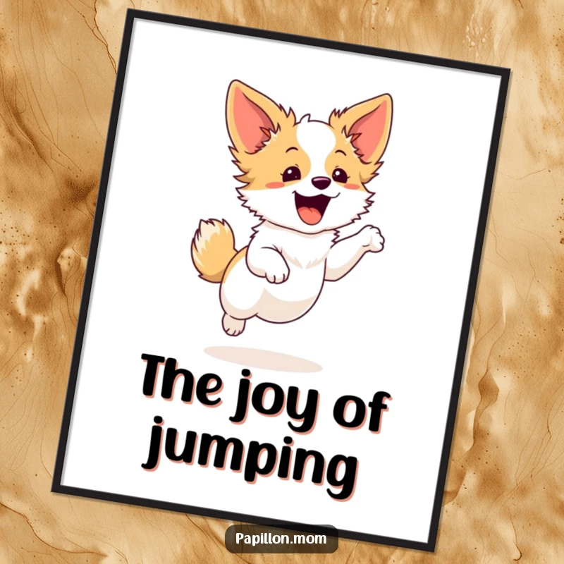 Funny Papillon dog poster showcasing a cute character in a small, graceful leap, radiating excitement and playful agility in its design.