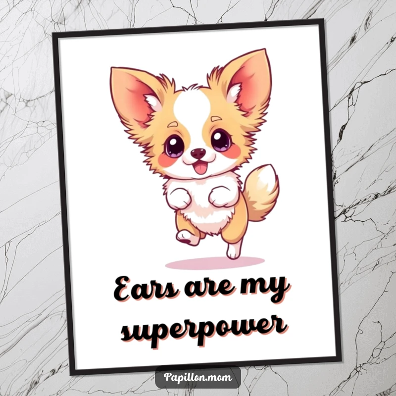 Funny Papillon poster capturing a dog mid-silly hop with a blur of ears, illustrating uncontrollable excitement and joy.