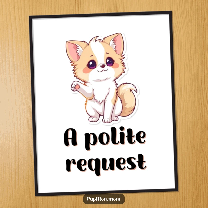 Funny Papillon Poster featuring a lady dog playfully extending a small, outstretched paw, perfect for adding cute humor to wall decor.