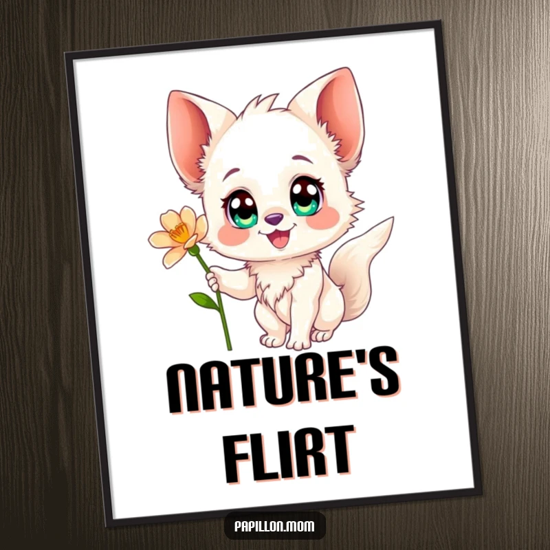 Funny Papillon poster showcasing a happy Papillon dog with expressive eyes reaching for a flower, perfect wall art for dog enthusiasts.