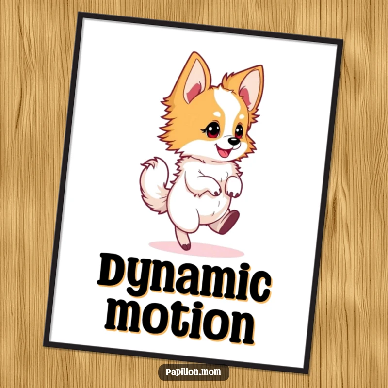 Funny Papillon dog poster depicting a dog in a swift, energetic twirl, creating a sense of motion.