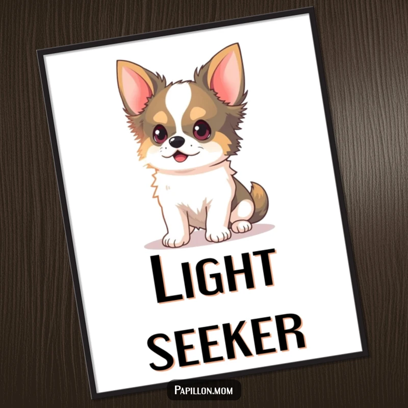 Funny Kawaii Papillon Dog Poster featuring a Papillon dog with delicate ears perked, chasing a light beam, playful wall art.