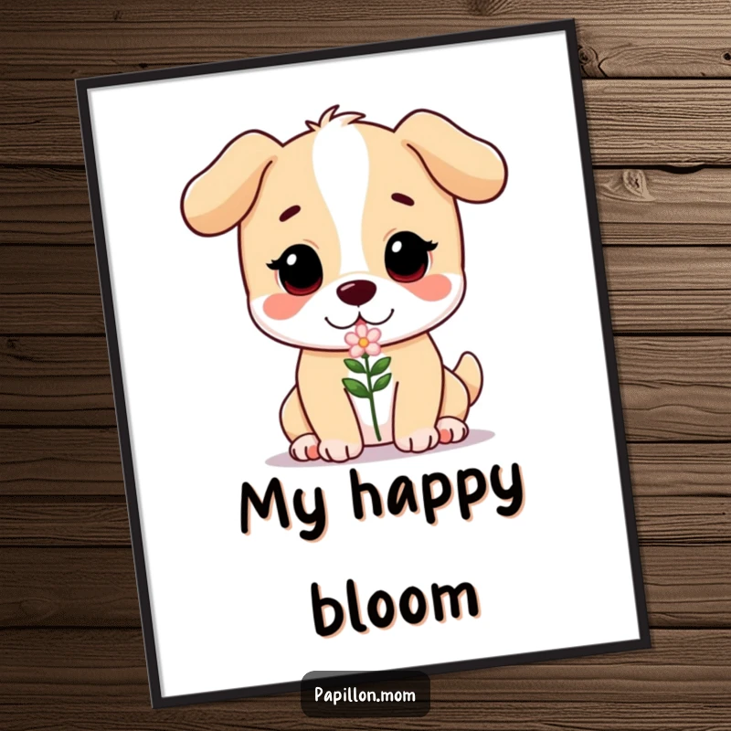 Funny poster print of a dog with a serene, sweet expression, gently presenting a delicate flower, symbolizing love and compassion.