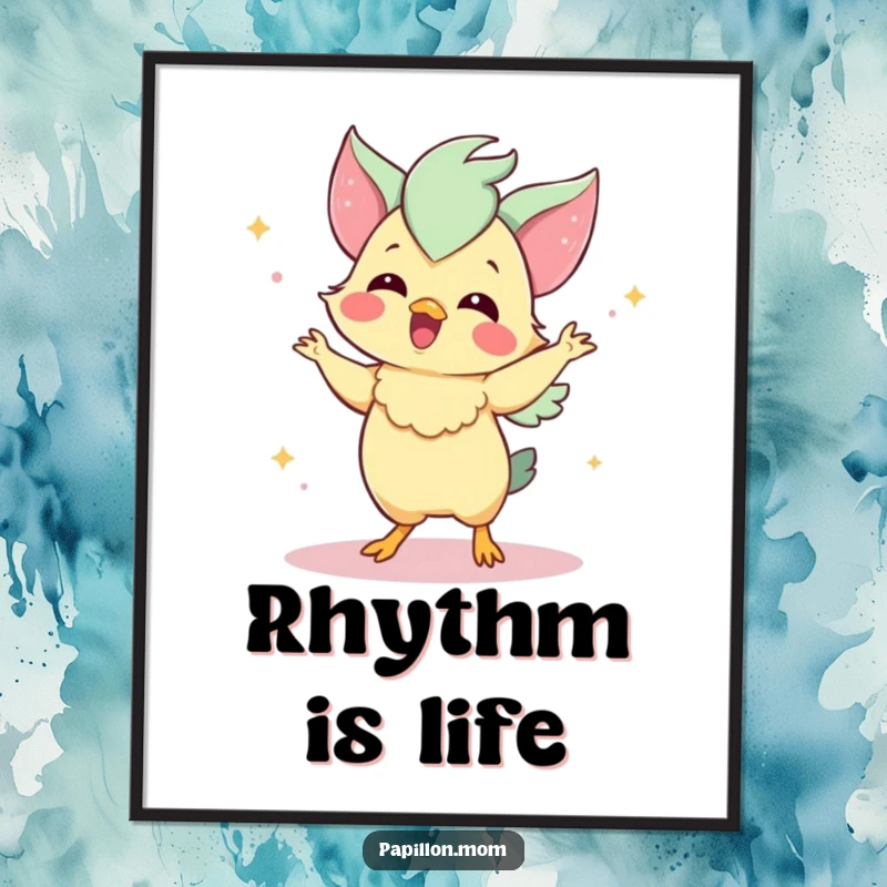 Funny Papillon poster showing a delighted Papillon dog performing a charming dance, perfect wall art for a joyful vibe.