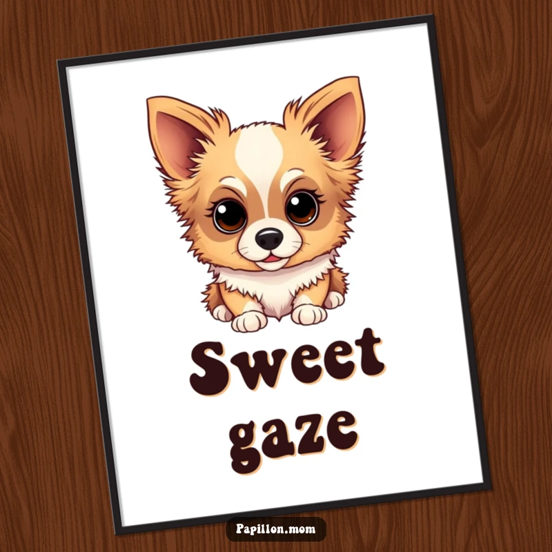 Funny Papillon dog poster highlighting a dog's sweet, gentle, and inquisitive expression, perfect for wall art.