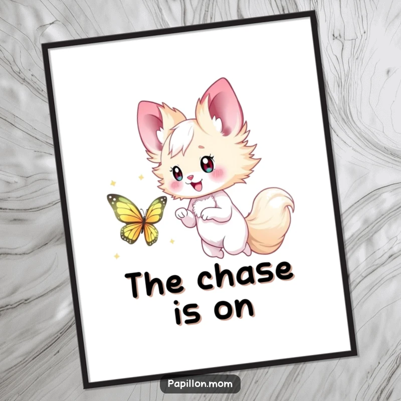 Funny Papillon Lady Poster illustrating a happy chase after a shimmering butterfly, bringing a sense of wonder and lighthearted fun.