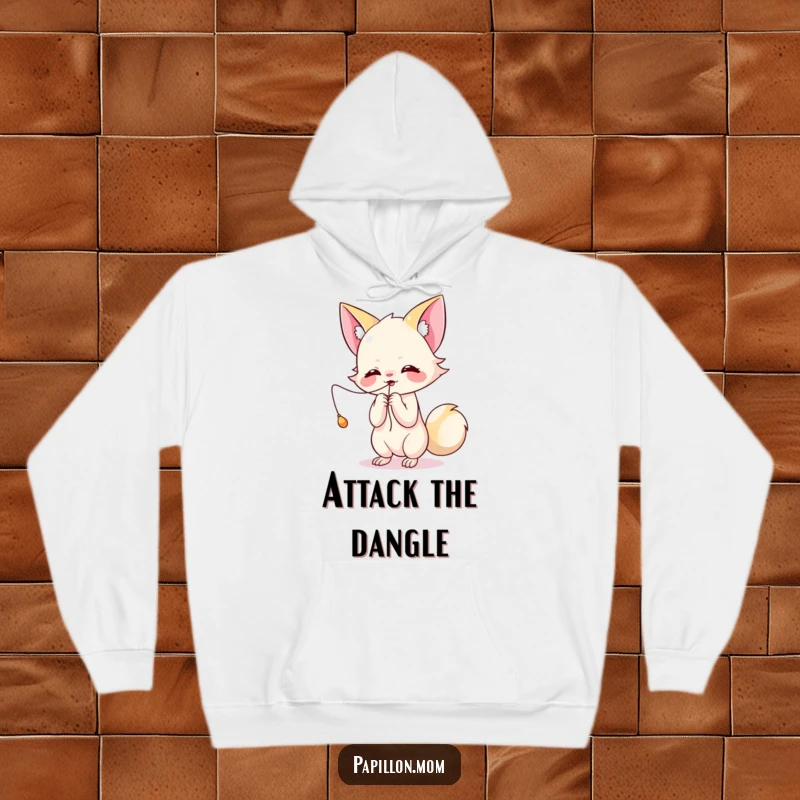 Funny Kawaii Papillon hoodie showing a cute lady playfully batting at a dangling string, bringing cozy fun and energetic vibes.