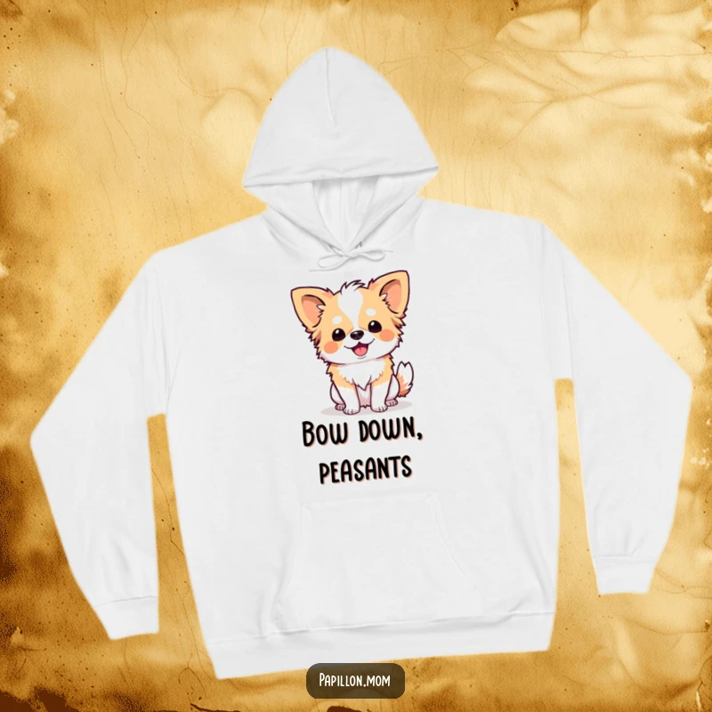 Funny Papillon dog performing a delightful and polite curtsy, captured on a soft, warm hoodie.