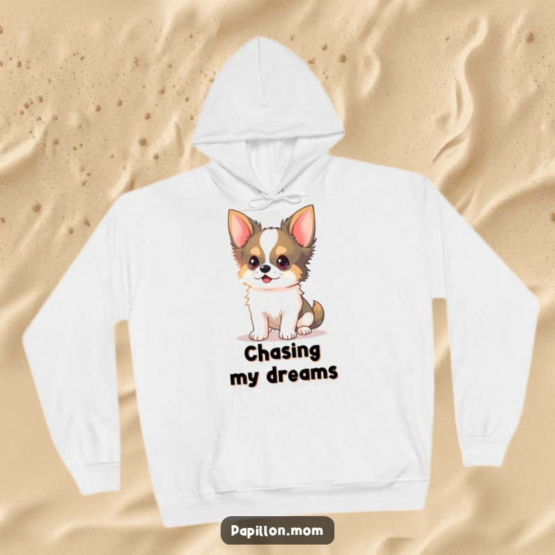Funny Kawaii Papillon Dog Hoodie featuring a Papillon dog with delicate ears perked, chasing a light beam, perfect for cozy play.