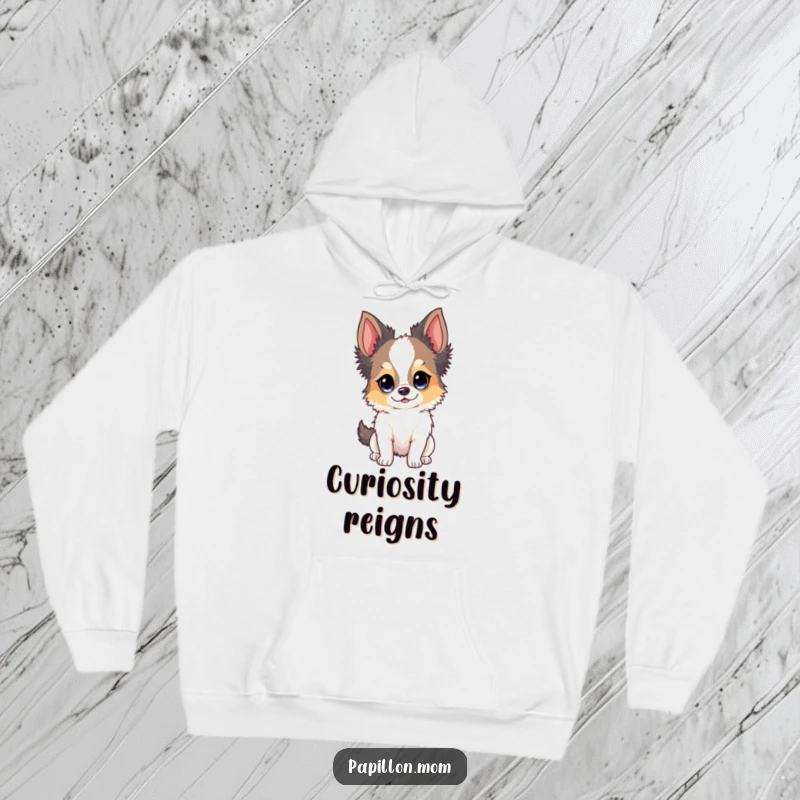 Funny Papillon dog hoodie featuring a dog with a bright, wide-eyed, and curious expression.