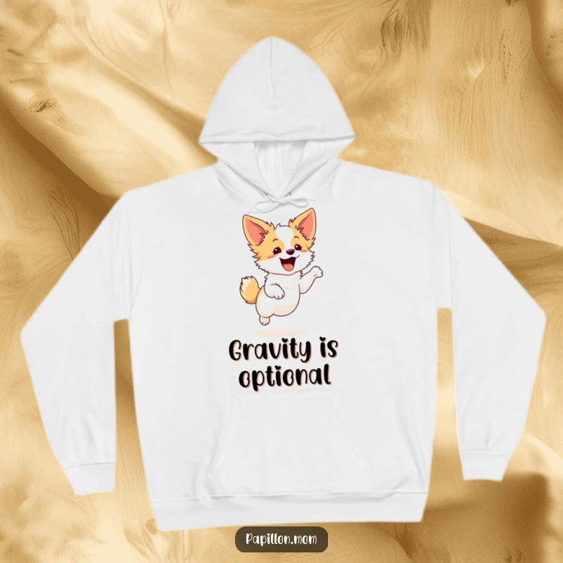 Funny Papillon dog hoodie featuring a cute character in a graceful leap, offering warmth and a touch of joyous energy.