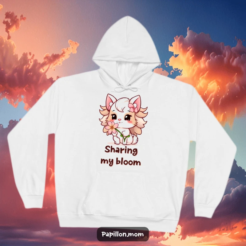 Funny Papillon Lady Hoodie showing a gentle offering of a delicate flower with a sweet smile, providing cozy comfort and radiating kindness.