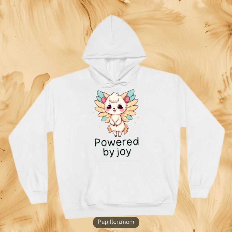 Funny Papillon Lady Hoodie with a delightful creature whose delicate wings flutter joyfully, creating a warm and happy vibe.