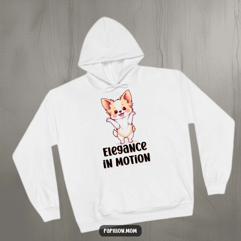 Funny Kawaii Papillon dog hoodie, an illustration of a French butterfly dog in a graceful, delightful pose, radiating pure happiness.
