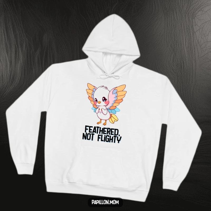 Funny Papillon hoodie depicting a cute Papillon with majestic, wing-like ears, gracefully fanning itself, radiating elegance and comfort.