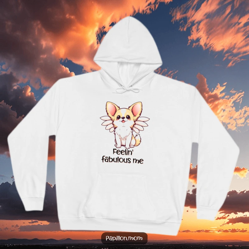 Funny Kawaii Papillon Dog Hoodie featuring a happy Papillon dog with elegant wings flared, looking up joyfully, perfect for cozy charm.