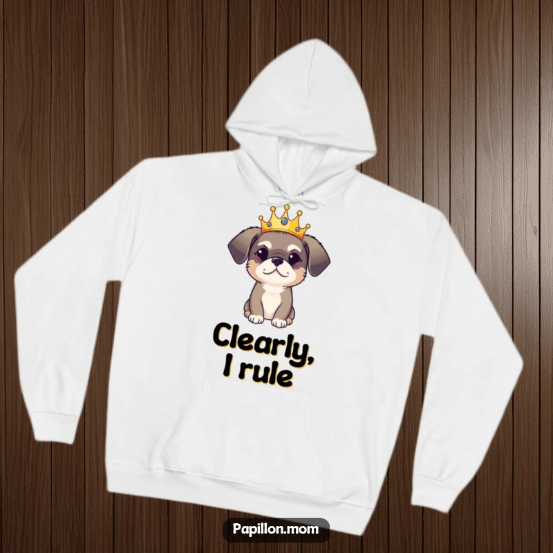 Funny Hoodie: A dog wears a small crown, exuding a playful yet regal aura, bringing majestic comfort.