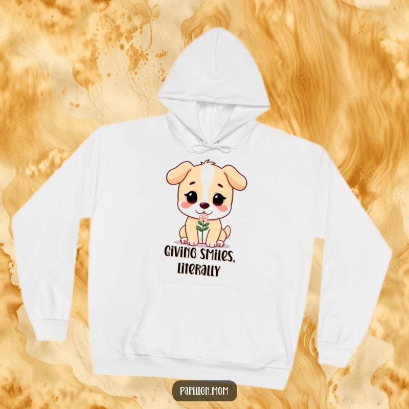 Funny hoodie with a sweet, gentle dog character holding out a small, delicate flower, radiating warmth and affection.