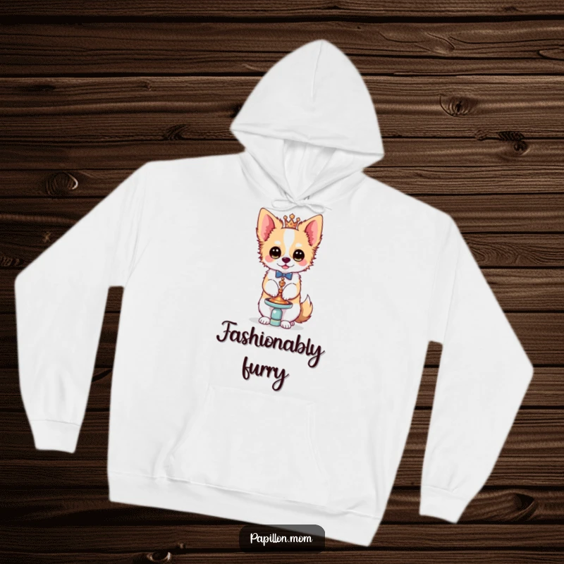 Funny Kawaii Papillon dog hoodie, an illustration of a French butterfly dog balancing a charming, ornate accessory with fashionable grace.