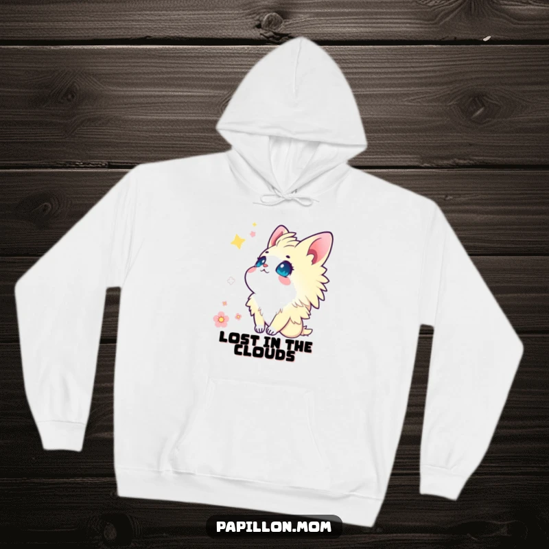 Funny Kawaii Papillon hoodie depicting a cute lady looking up at the sky with eyes full of wonder and peaceful contemplation.