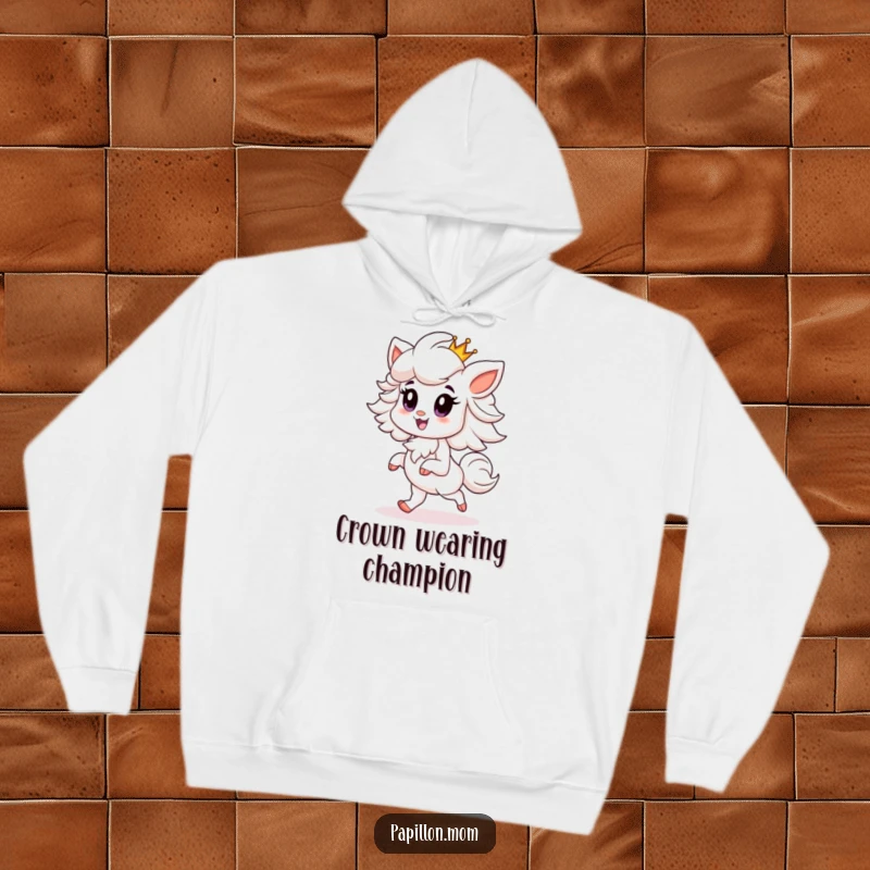 Funny Papillon hoodie depicting a proud Papillon dog prancing with a tiny crown, radiating a sense of noble grace and comfort.