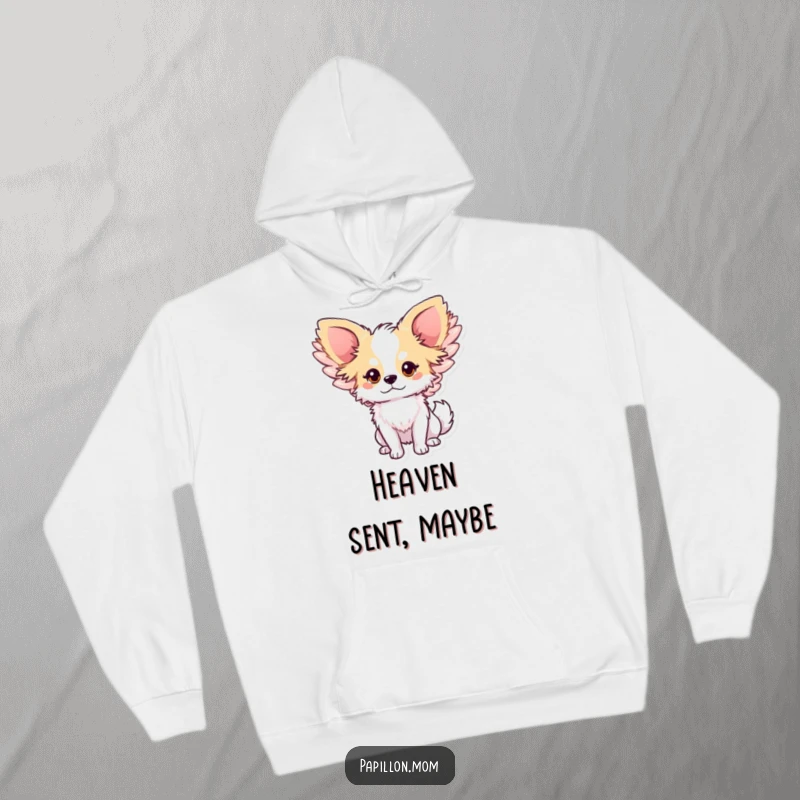 Funny Papillon dog hoodie featuring a cute character with large, gently beating wings, offering warmth and a touch of ethereal charm.