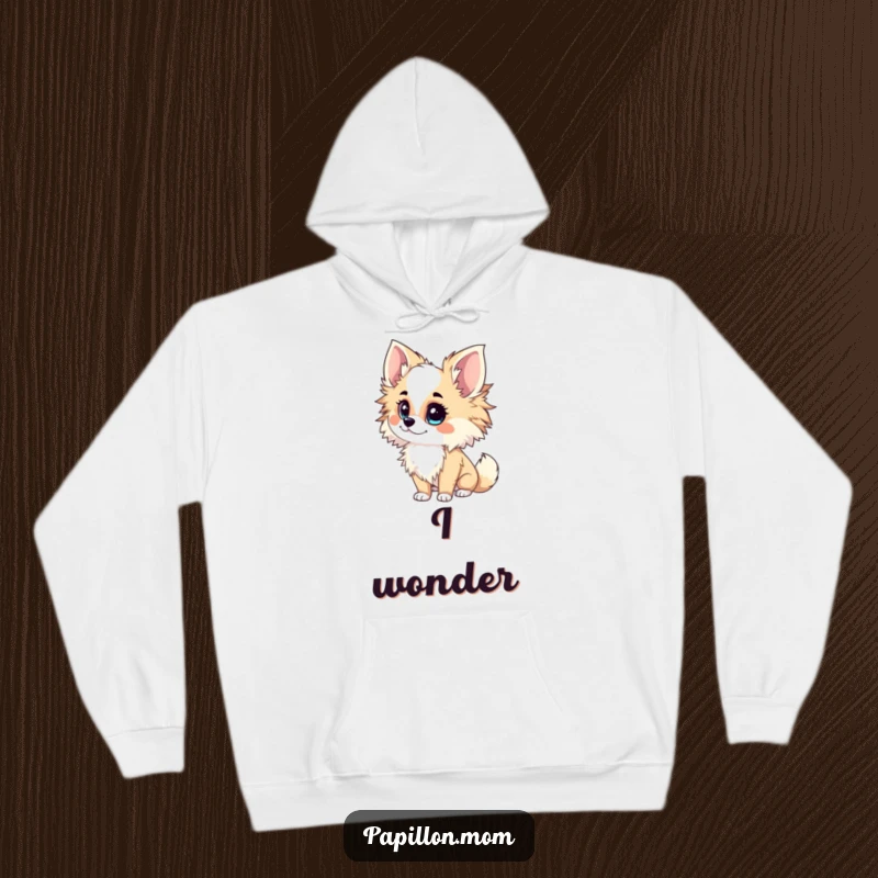 Funny Papillon Lady Hoodie showing an inquisitive tilt of the head, providing cozy comfort and embodying a sense of curiosity and introspection.