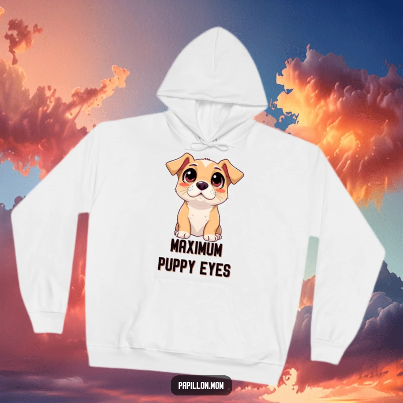 Funny adoring dog hoodie, showing a dog looking up with wide, loving eyes, emphasizing devotion.
