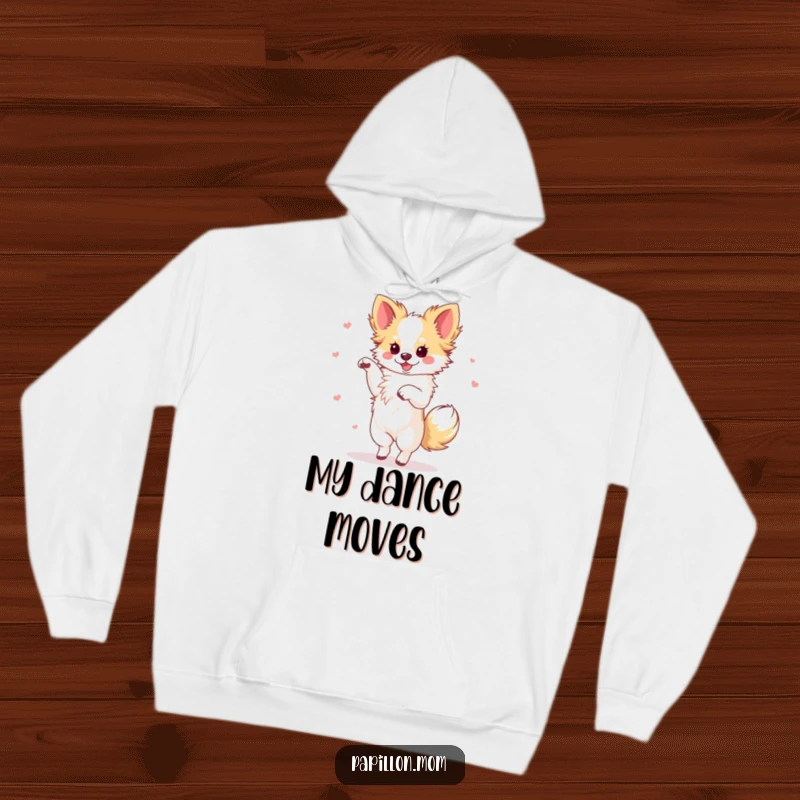 Funny Papillon dog performing an elaborate dance routine with a flourish, depicted on a soft and comfortable hoodie.