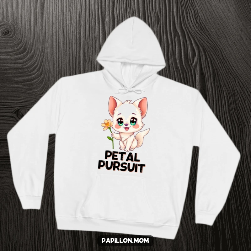 Funny Papillon hoodie showing a content Papillon dog with large eyes reaching out to a delicate flower, radiating warmth and cuteness.