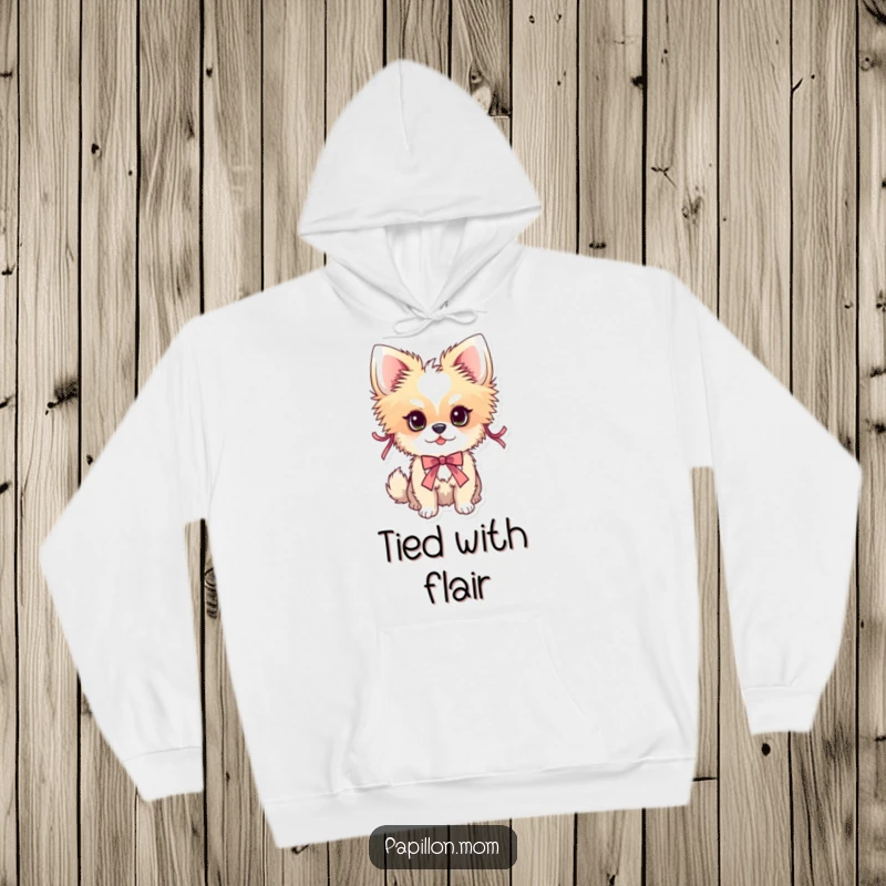 Funny Papillon dog hoodie featuring a dog adorned with pretty, delicate ribbons, offering cozy and stylish wear.