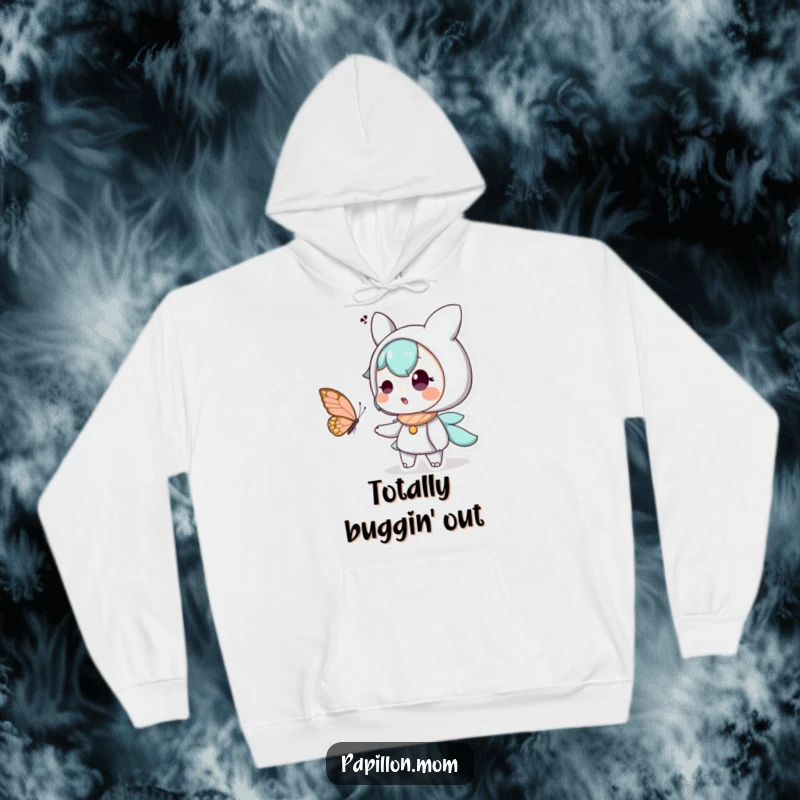 Funny hoodie depicting a character looking astonished and overjoyed as a butterfly lands gently nearby, a heartwarming scene of pure delight.