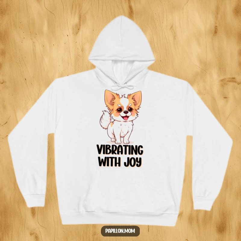 Funny hoodie featuring a Papillon dog joyfully wagging its plumed tail, offering warmth and cheerful dog humor.