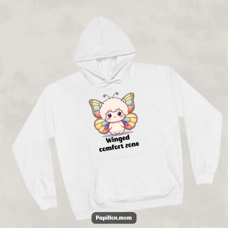 Funny hoodie design of a fluffy head with large, expressive butterfly wings, offering cozy comfort and a whimsical, magical appeal.