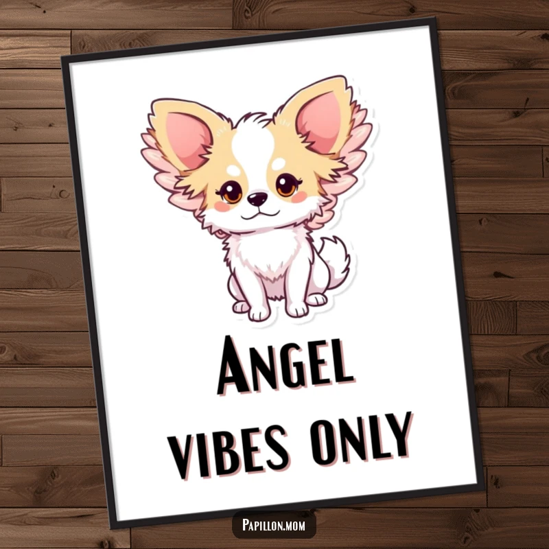 Whimsical Free Printable Wall Art of a cute Papillon dog with large, majestic wings gently flapping, creating an ethereal atmosphere.